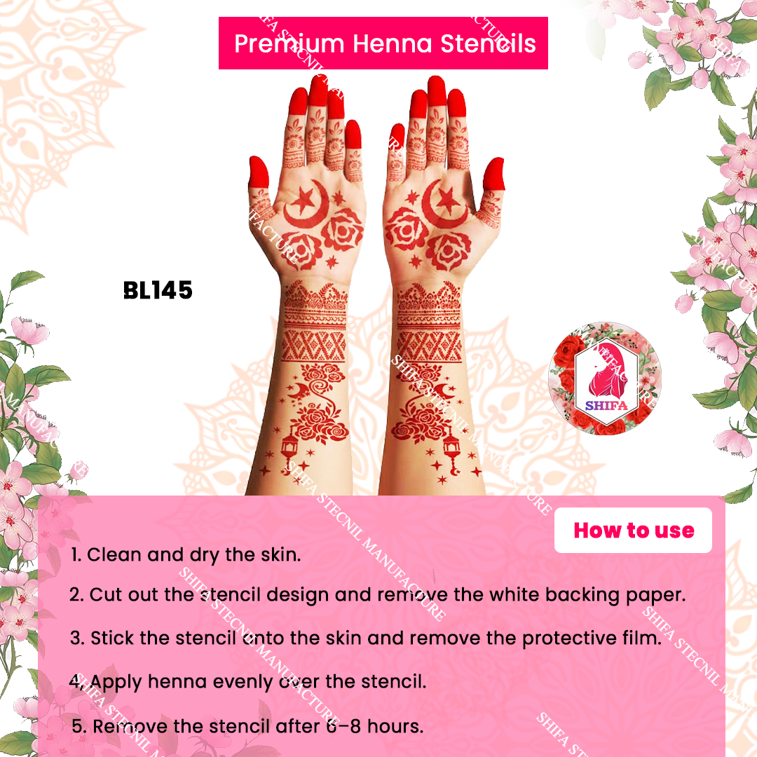BL145 Crescent Rose Stardust Double Hand Henna Stencil